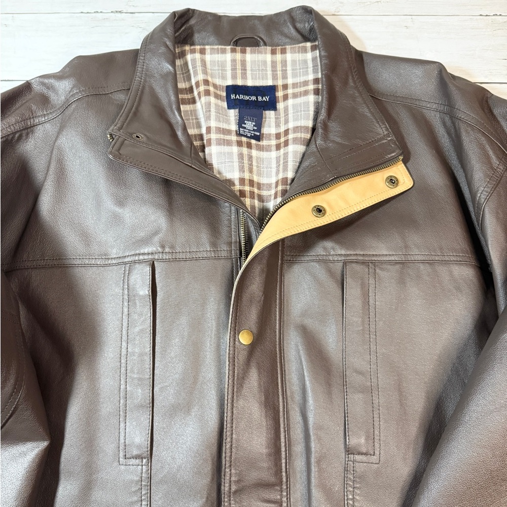Harbor Bay Brown Genuine Leather Jacket Mens 2XLT Tall Plaid Lined Full Zip Coat - Picture 2 of 10
